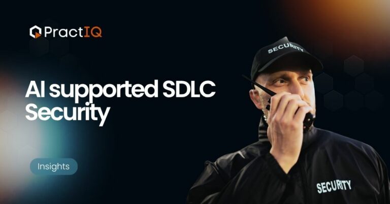 Hero banner promoting AI-supported SDLC security: bold headline on the left, security guard on the right, and an 'Insights' CTA on the lower-left.