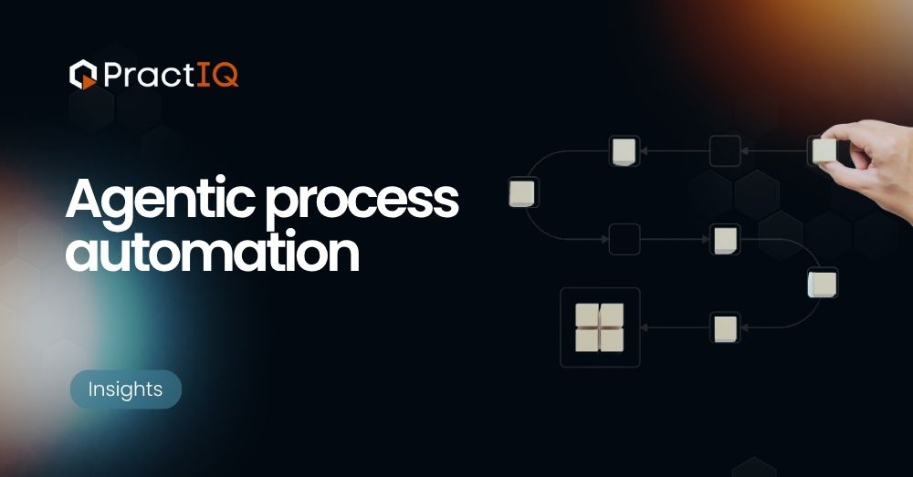 PractIQ logo with the phrase 'Agentic process automation' on a dark banner, showing a hand holding a device connected to a flow diagram and an 'Insights' button.