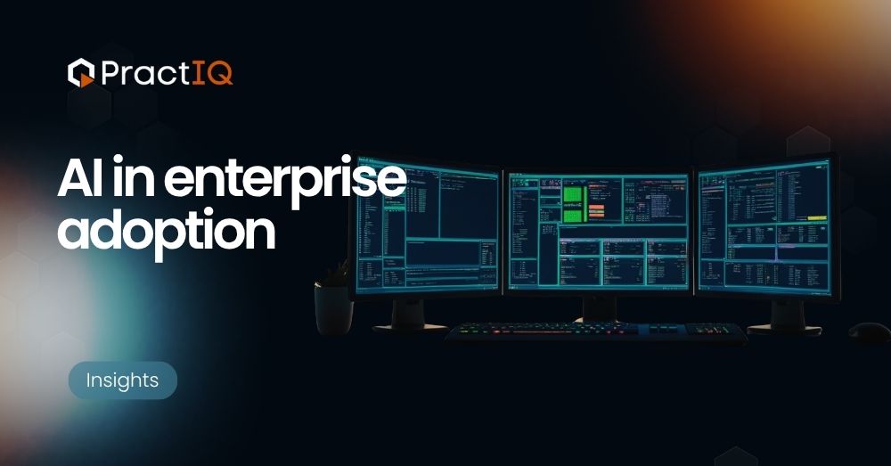 Hero banner: three curved monitors displaying code, with 'AI in enterprise adoption' and a blue Insights button.