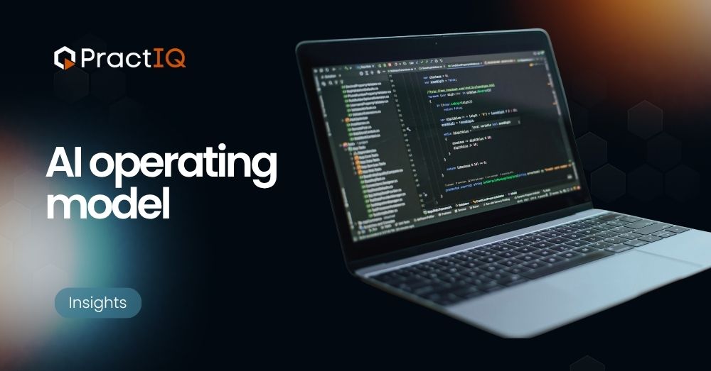 Hero banner: PractIQ logo, 'AI operating model' text, laptop displaying code on a dark gradient background, and an Insights button.