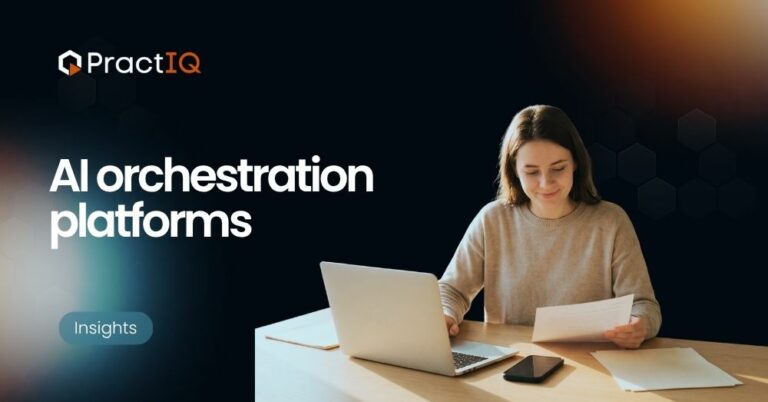 Woman at a desk with a laptop and papers; 'AI orchestration platforms' headline on a dark background.