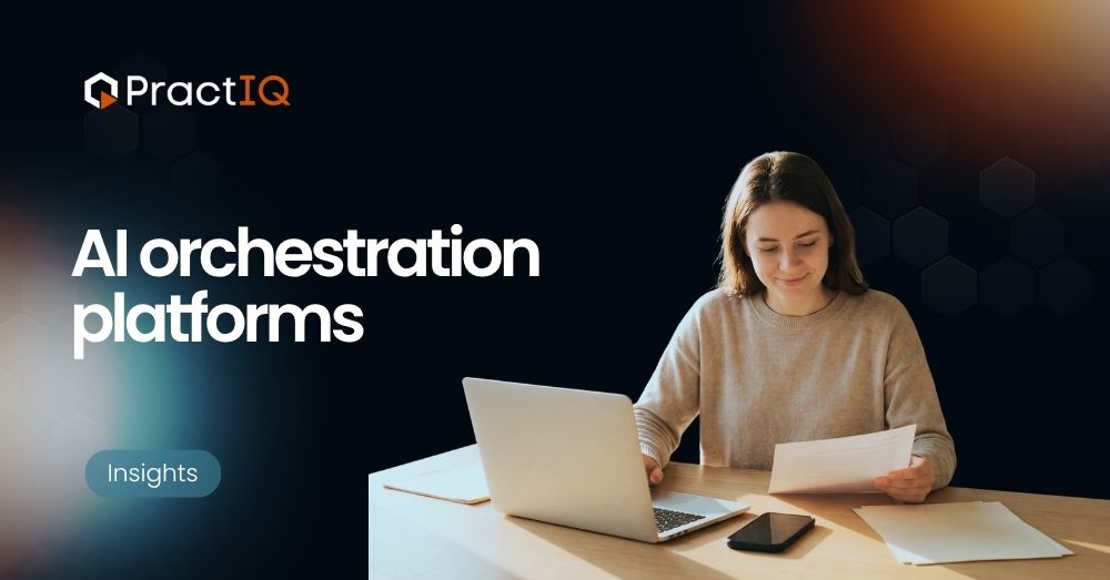 Woman at a desk with a laptop and papers; 'AI orchestration platforms' headline on a dark background.
